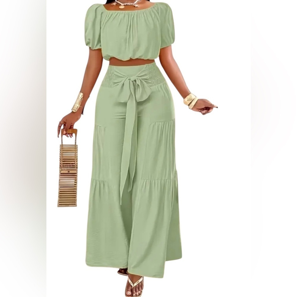 Light Sage Green Matching Set – Off-Shoulder Crop Top & Wide-Leg Pants NWOT